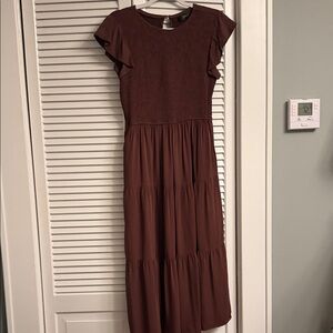 Brown Smocked Midi Sundress with Flutter Cap Sleeves